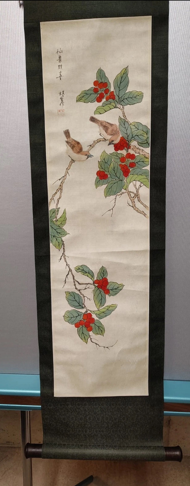 Vintage Chinese Lin Sheng Signed Silk Scroll Paintings Pair Birds Fruit 40”