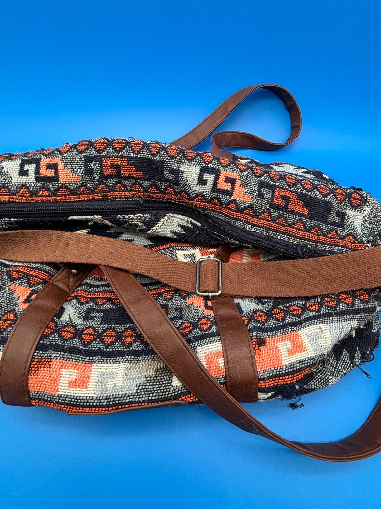 Southwest Aztec Print Weekender Duffel Bag Blue Multi Tribal Boho Oversized Tote