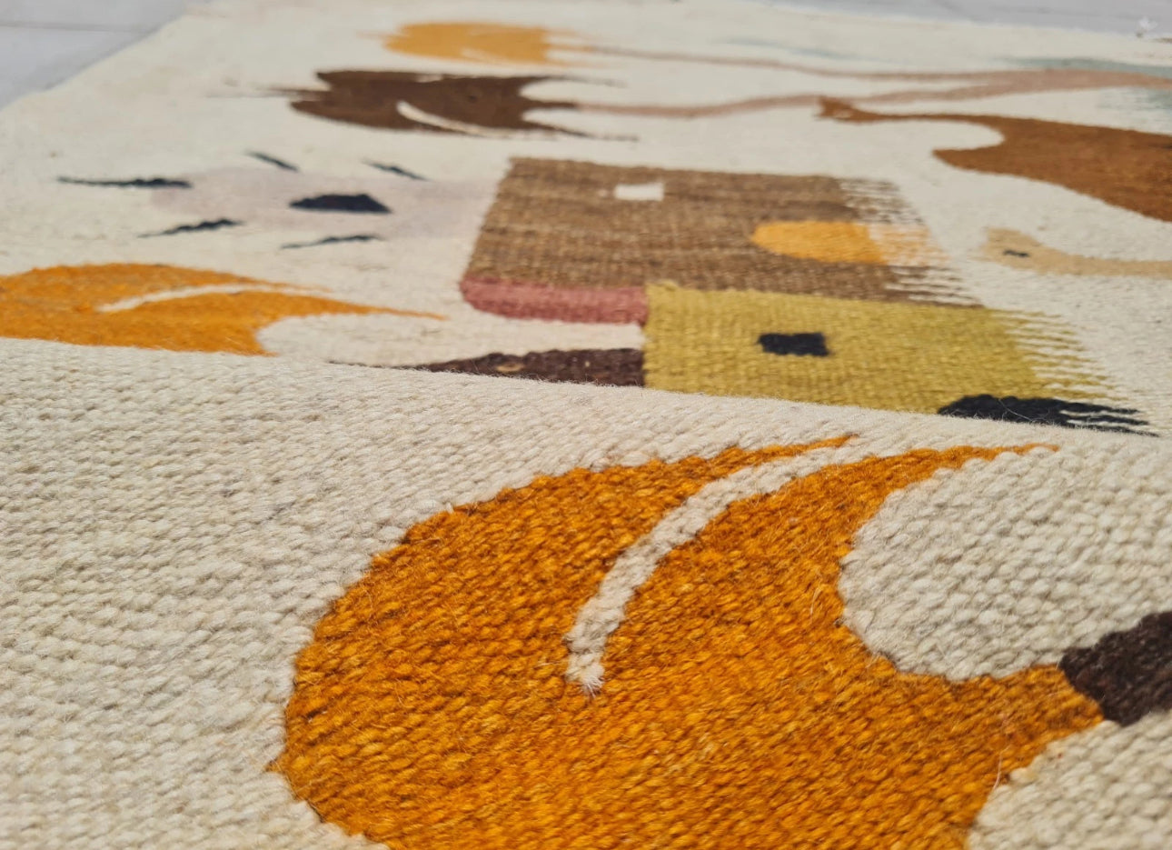 Rare Hand Knotted Vintage Bulgaria Pictorial Wool Kilim Area Rug Camel Village 4.3 x 2.6 Ft