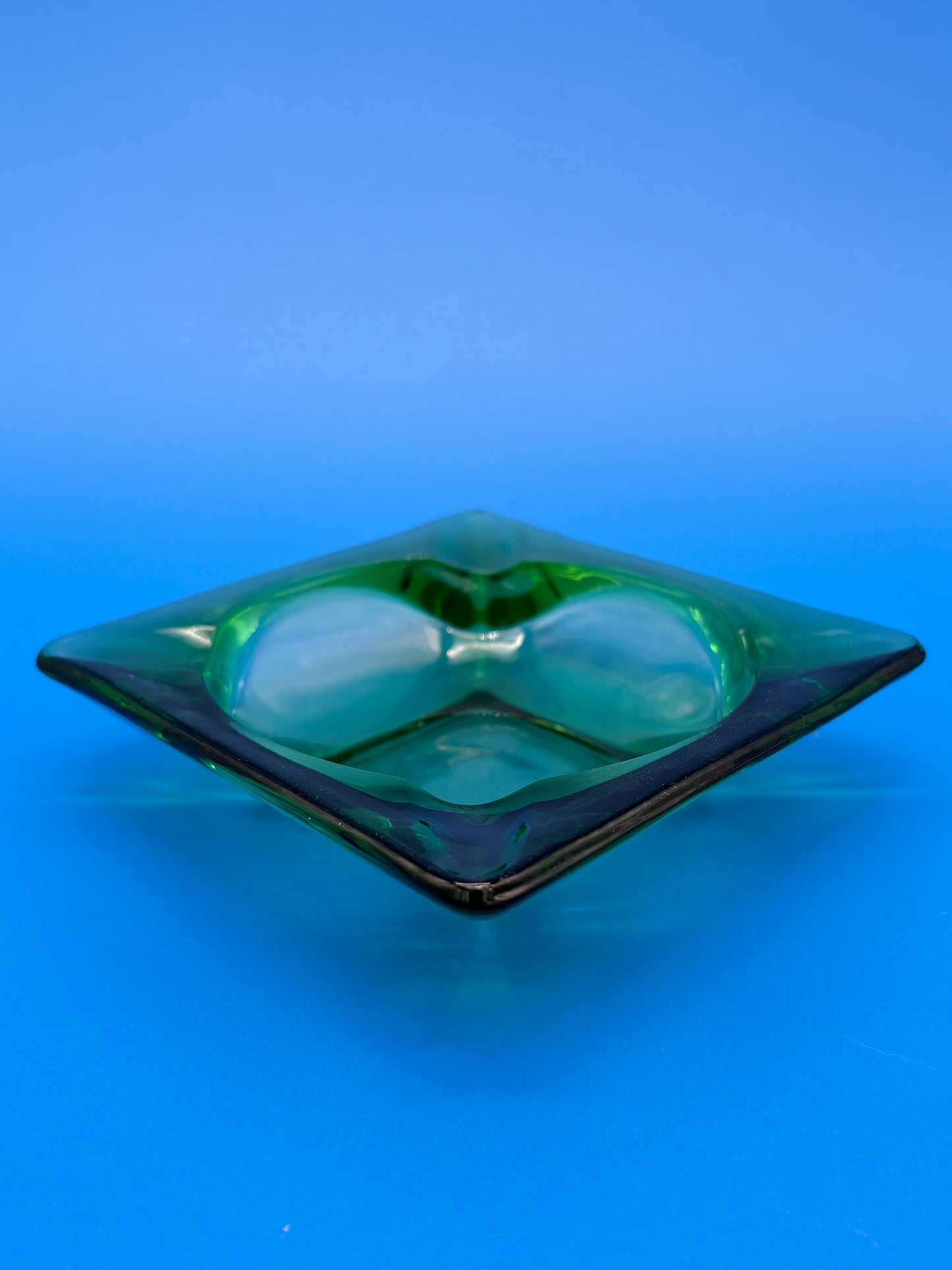 Vintage MCM Emerald Green Square Glass 4 Slot Ashtray