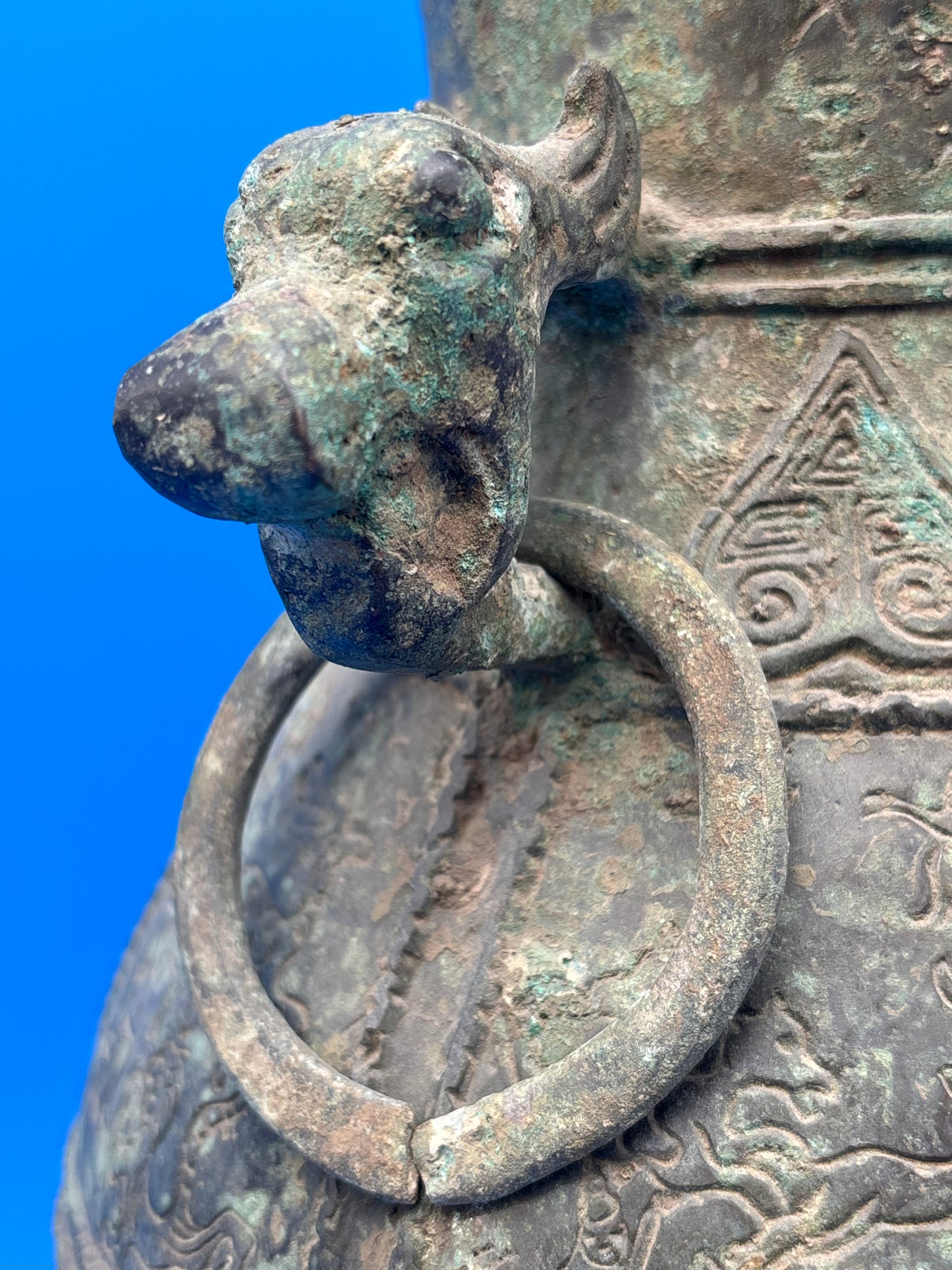 Chinese Archaistic Bronze Hu Vase Elephant Head Ring Handles Figural 11”