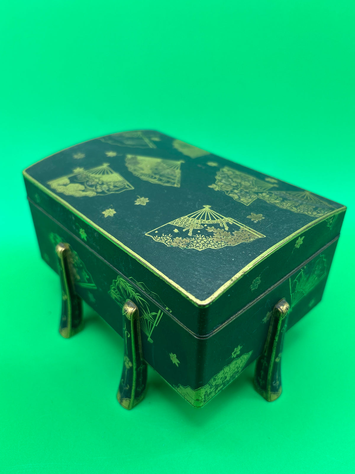 Antique Japanese Fujii Damascene Footed Cigarette Box Mt Fuji Mark Gold Inlay c1930