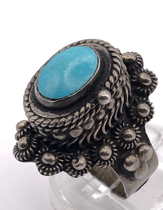 Vintage Taxco Sterling Silver Turquoise Poison Ring Adjustable 10.5g Size 6.5