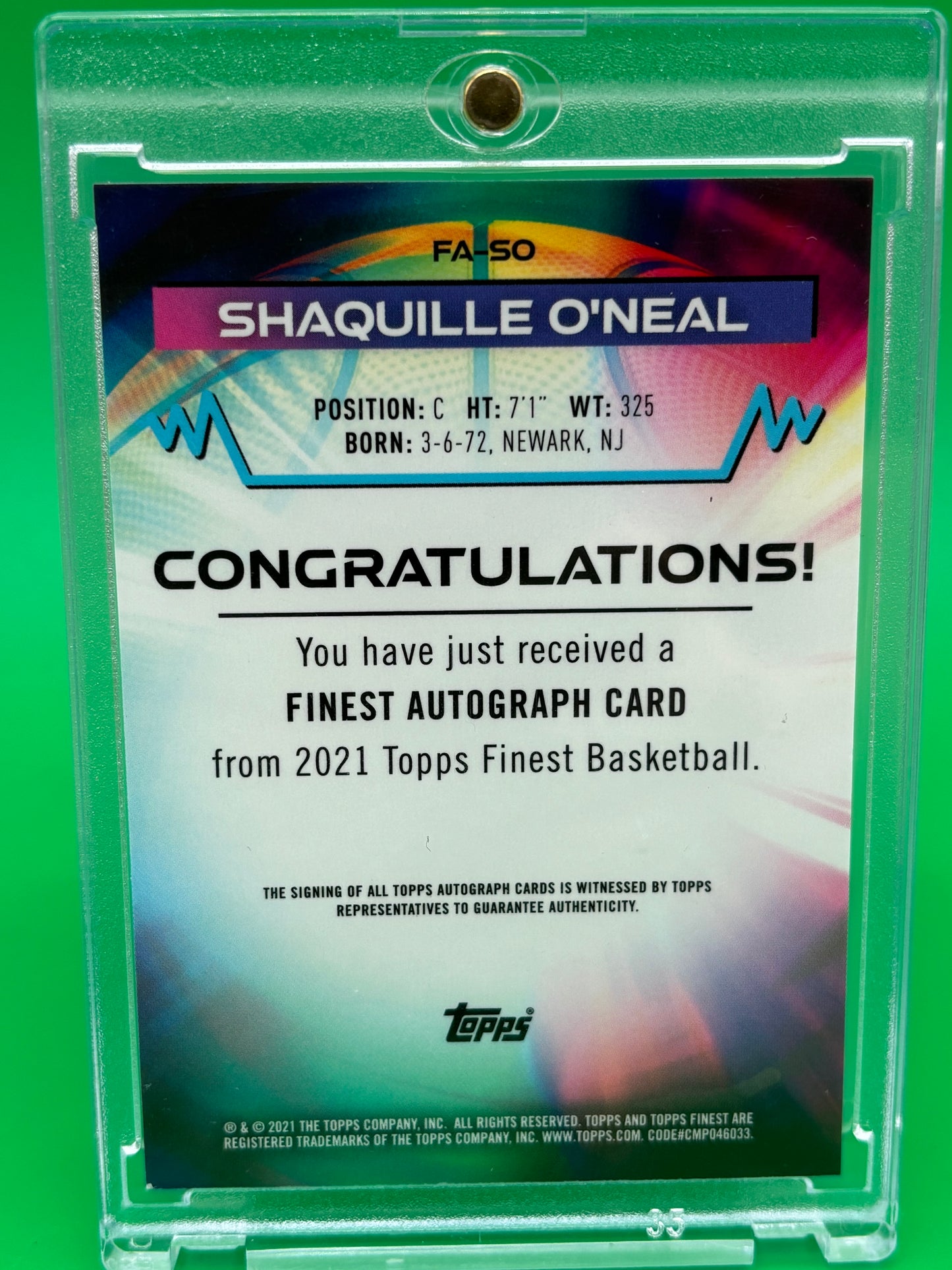 2021 Topps Finest Shaquille O’Neal Auto FA-SO On-Card Autograph Shaq HOF