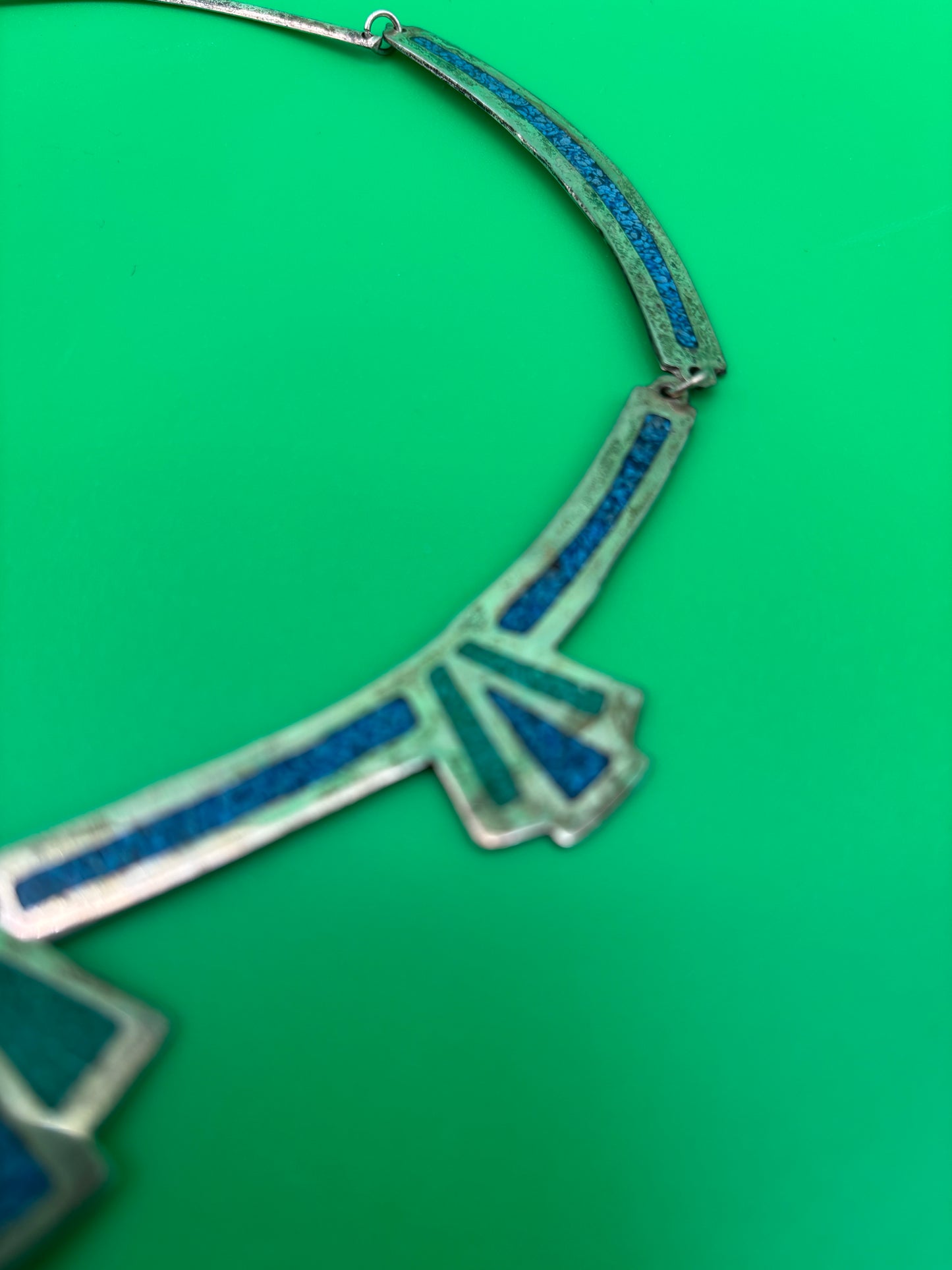 Vintage Signed Alpaca Mexico Blue and Green Glass Mosaic Fan Necklace
