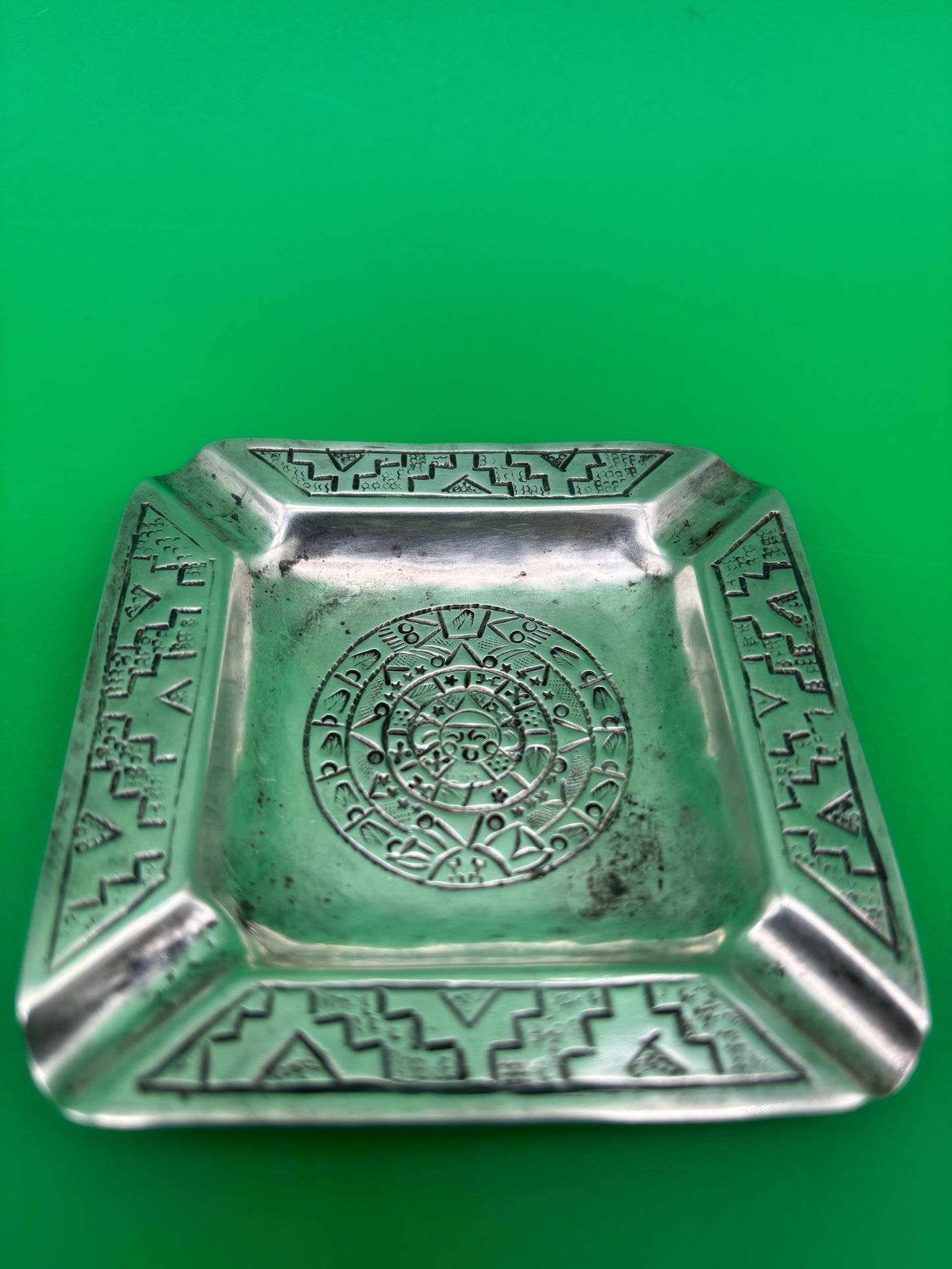 Vintage Mexico 900 Silver Ashtray Aztec Calendar Stamped Design 38g 3.25”