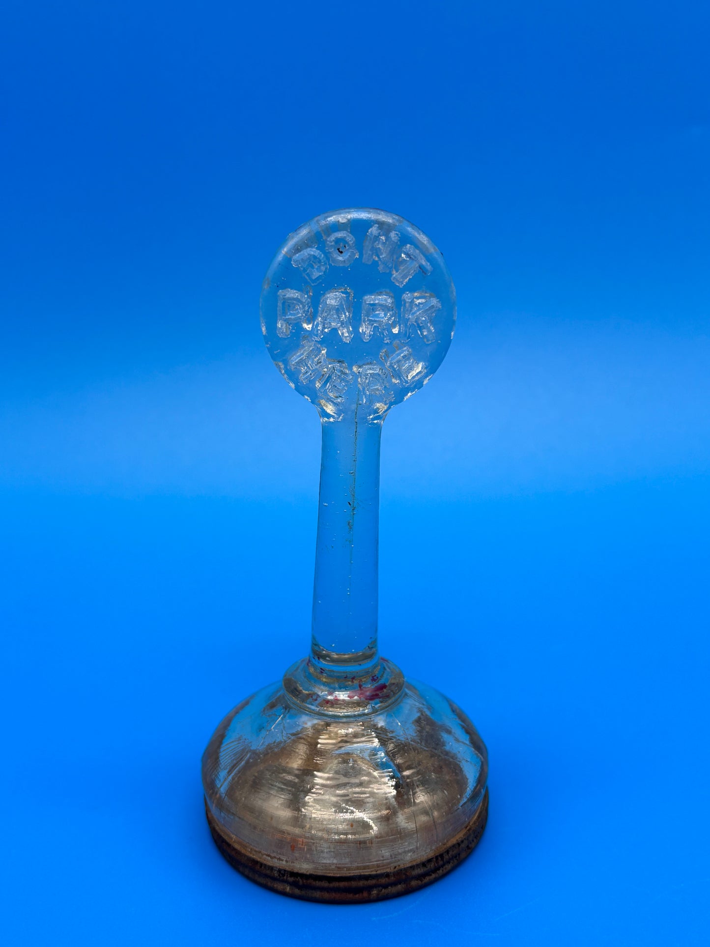 Antique 1920s DON’T PARK HERE Glass Candy Jar Container Metal Lid USA Novelty Advertising
