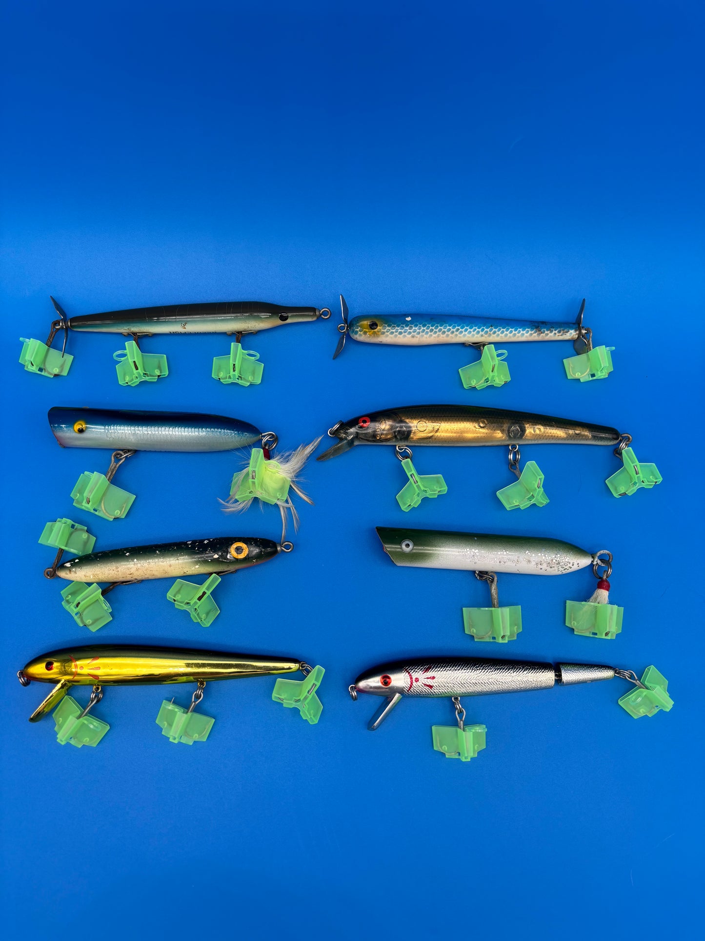 Lot of 8 Vintage Wooden Saltwater Fishing Lures Needlefish Poppers Swimmers Surf Plug Collection