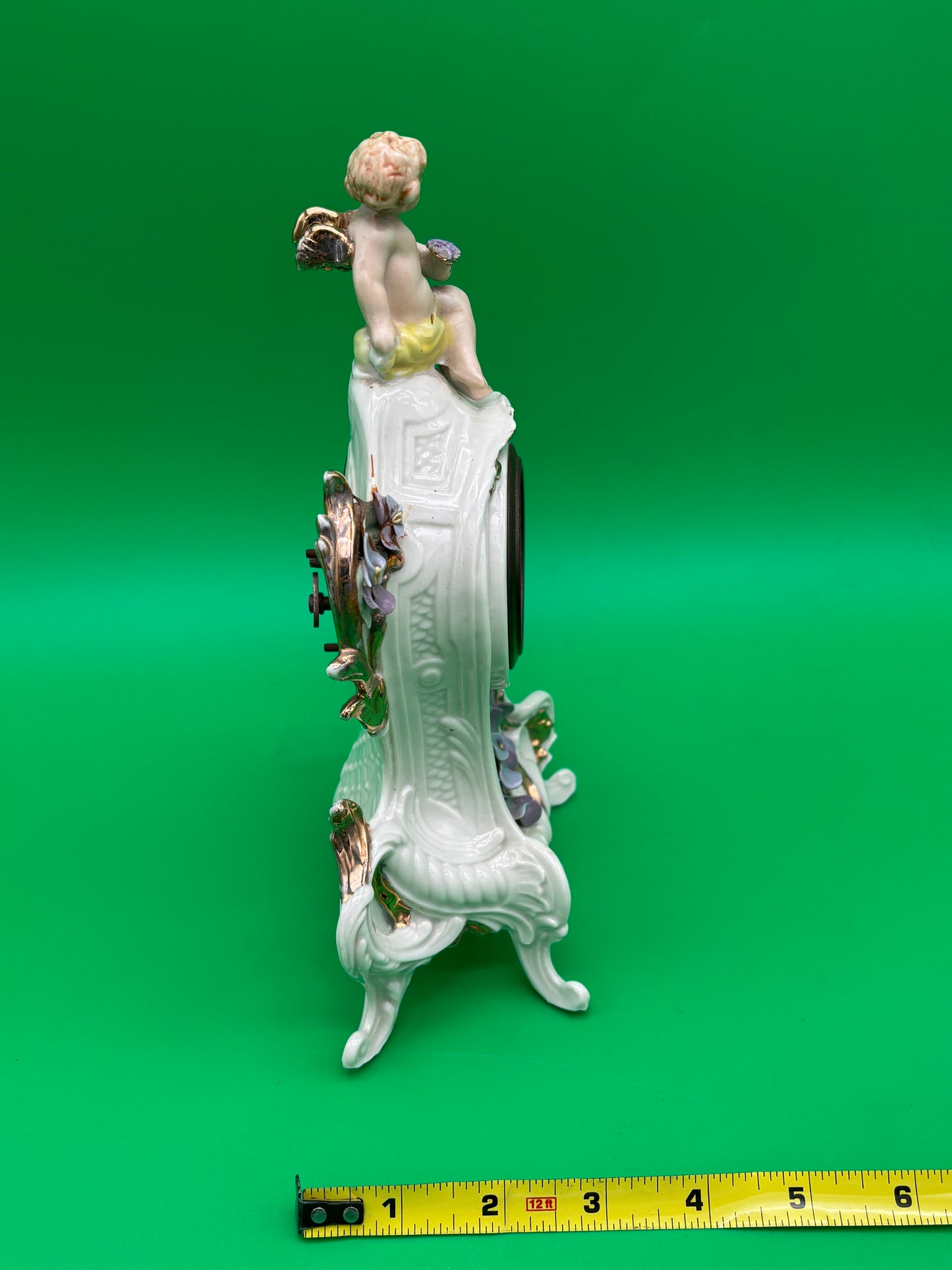 Vintage Louis Pierlot German Porcelain Mantel Clock w/ Cherub – 10” Wind Up