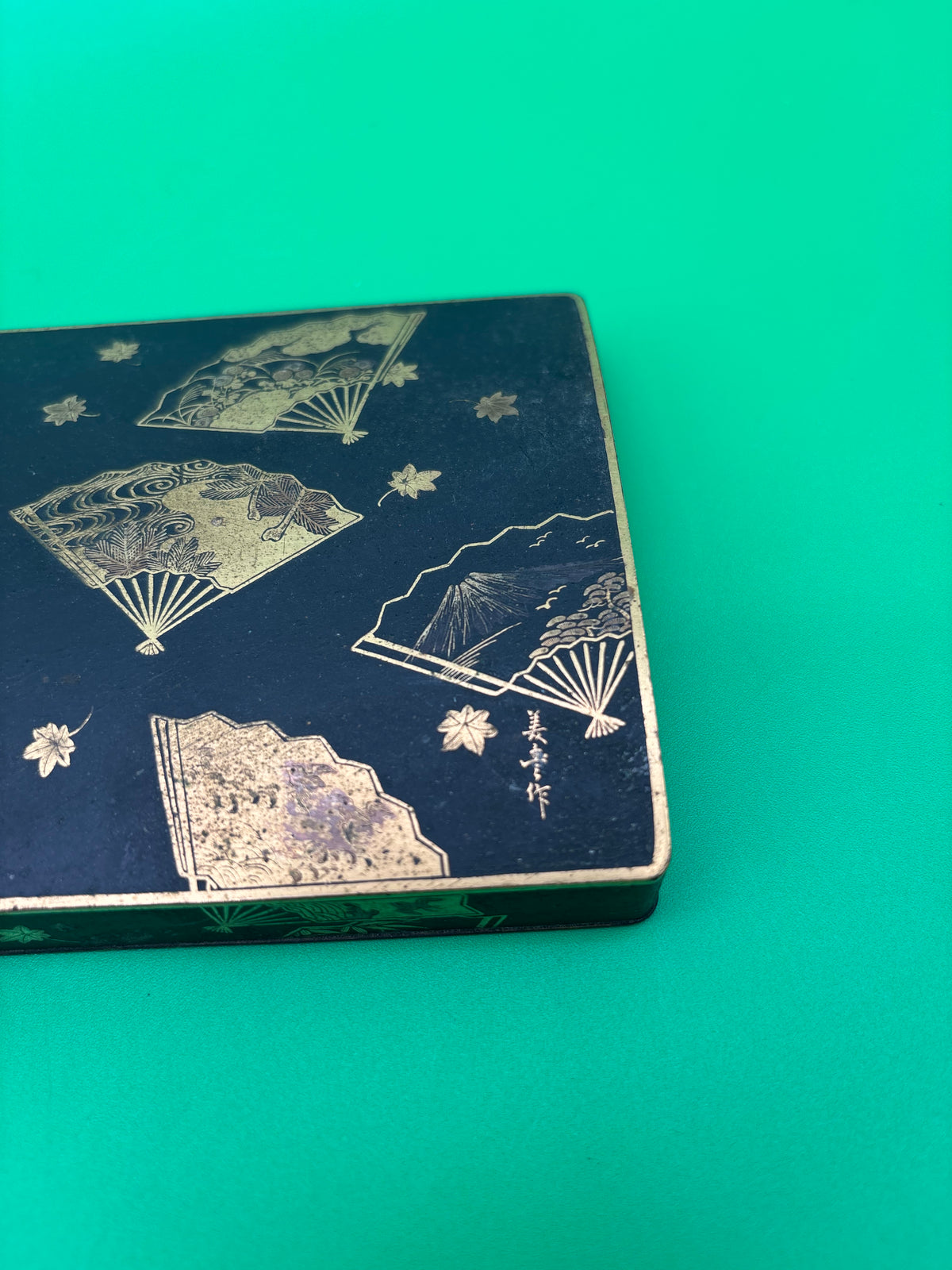 Antique Japanese Fujii Damascene Footed Cigarette Box Mt Fuji Mark Gold Inlay c1930