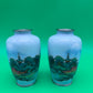 Pair Antique Japanese Musen Cloisonne Mt Fuji Pagoda Landscape Vases 4.5”