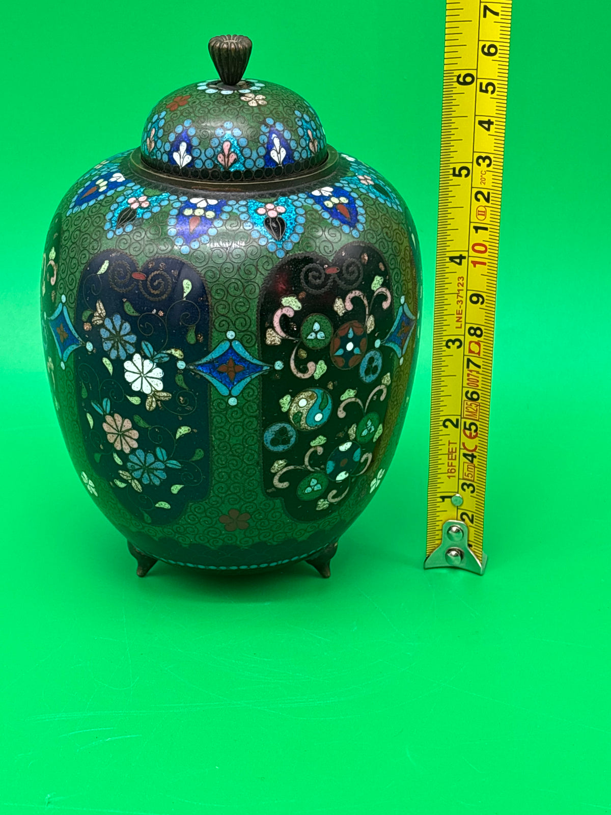 Antique Japanese Cloisonne Enamel Lidded Ginger Jar Floral Tripod Feet 6.5”