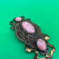 Vintage Art Nouveau Filigree Sash Pin Brooch Pink Marbled Glass Cabochons Antique Style
