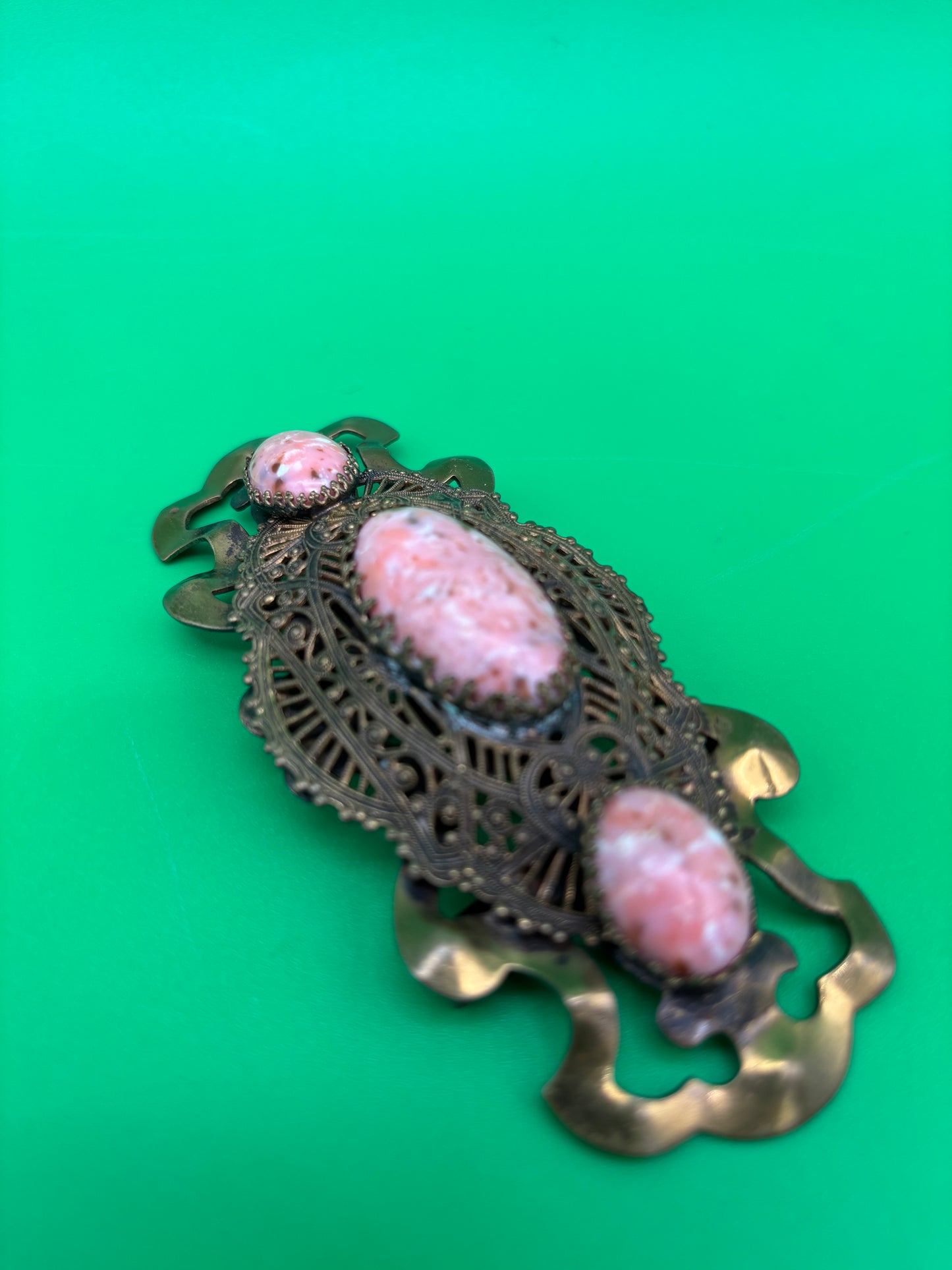 Vintage Art Nouveau Filigree Sash Pin Brooch Pink Marbled Glass Cabochons Antique Style