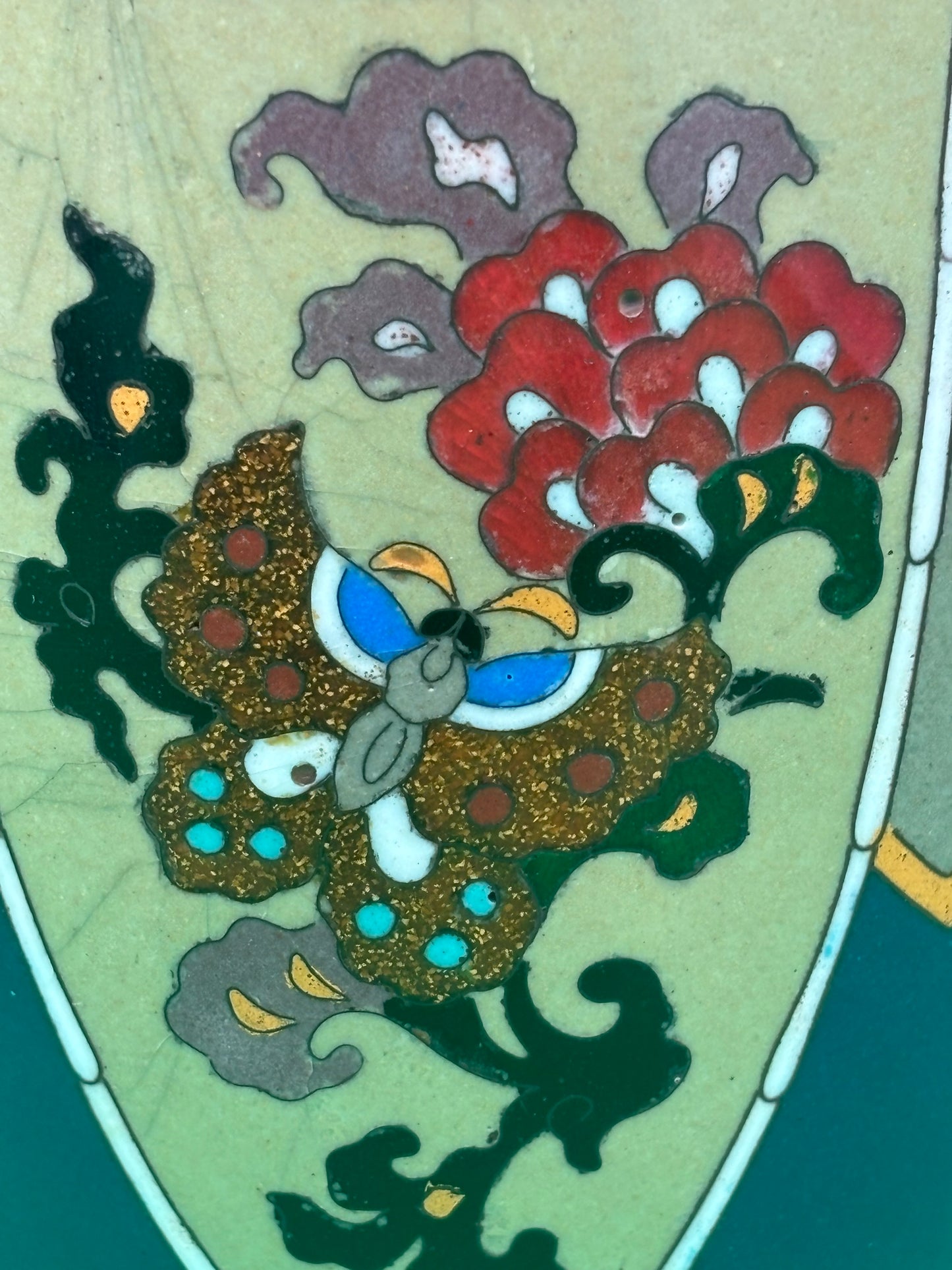 Large Antique Meiji Japanese Cloisonne Dragon Ho-o Phoenix Shield Vase 11.75”