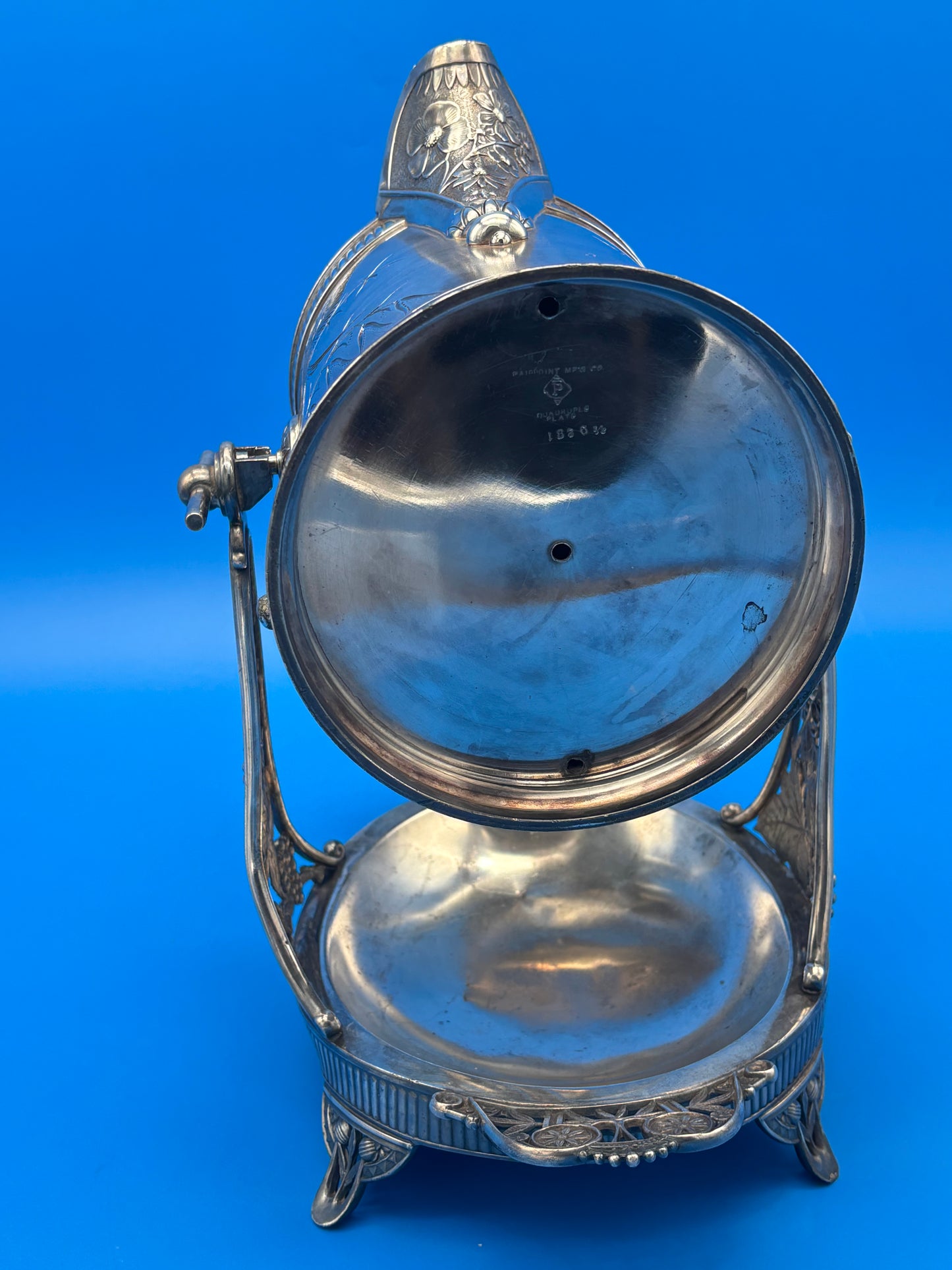 Antique Pairpoint Quadruple Plate Victorian Tilting Ice Water Pitcher & Stand Bird Grape 1826½