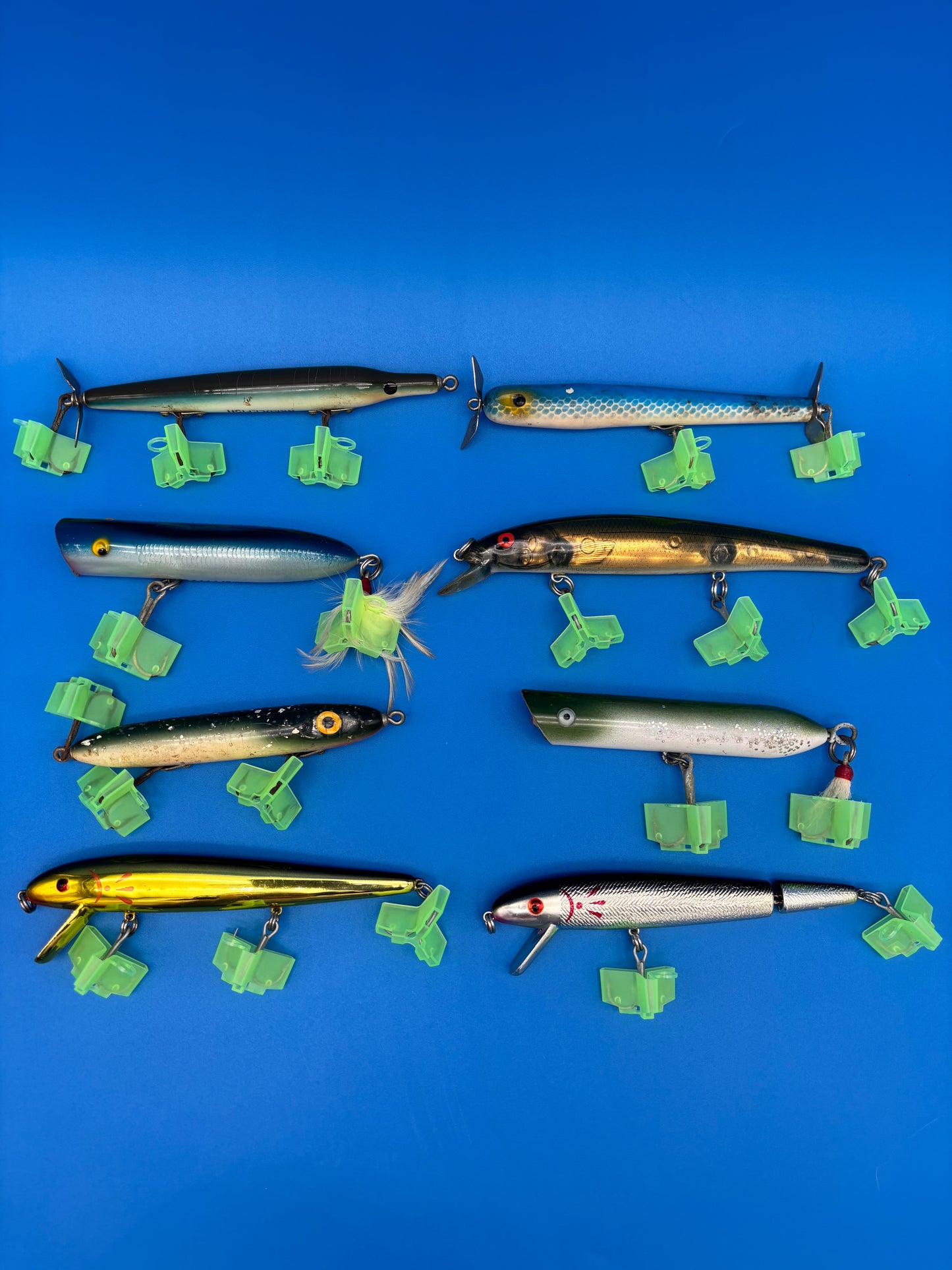 Lot of 8 Vintage Wooden Saltwater Fishing Lures Needlefish Poppers Swimmers Surf Plug Collection