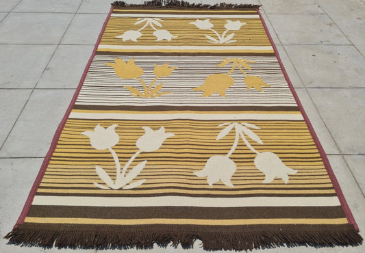 Vintage Floral Flatweave Rug 4x6 Boho Cottage Folk Art Fringe Area Rug Handmade Style