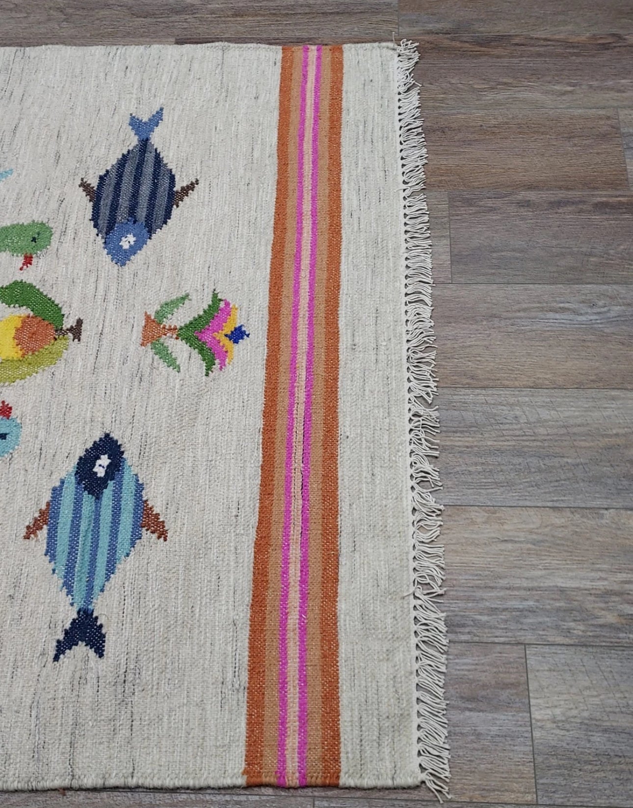 Vintage Turkish Bohemian Rug Tree of Life Fish Design Handmade 4x6 Ft Flatweave Kilim