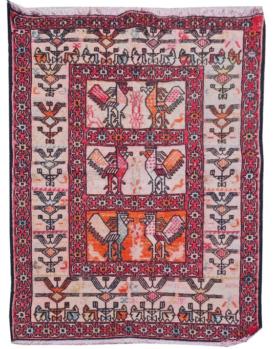 Rare Hand Knotted Vintage Soumak Kilim Silk Area Rug 3.0 x 2.4 Ft