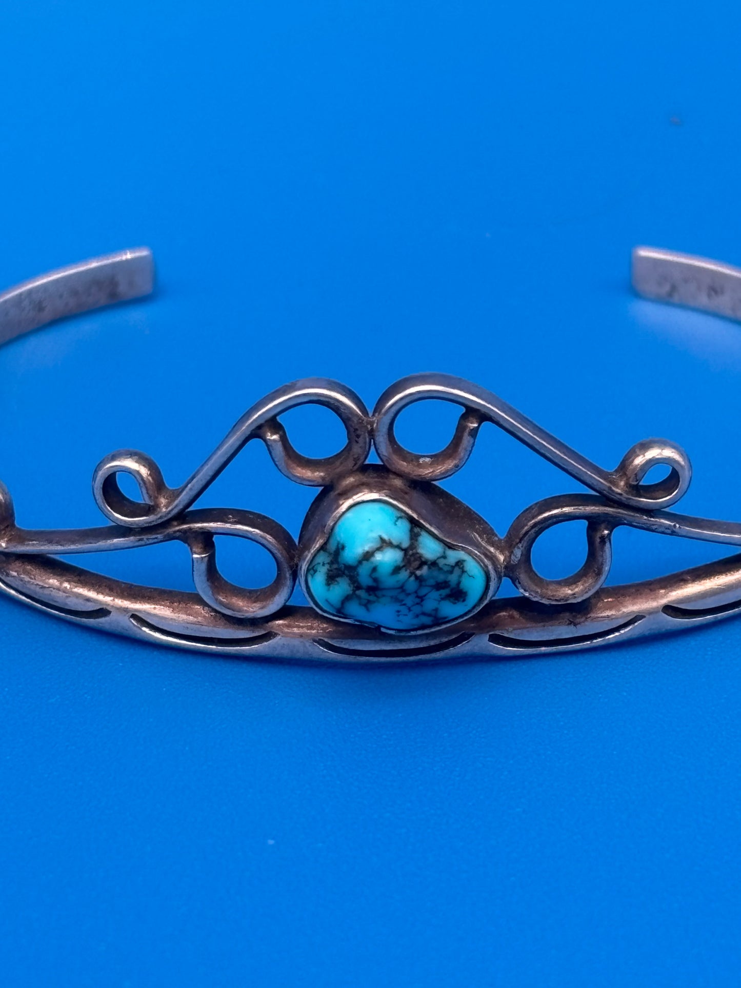 Vintage Sterling Silver Turquoise Cuff Bracelet Openwork Southwestern Design