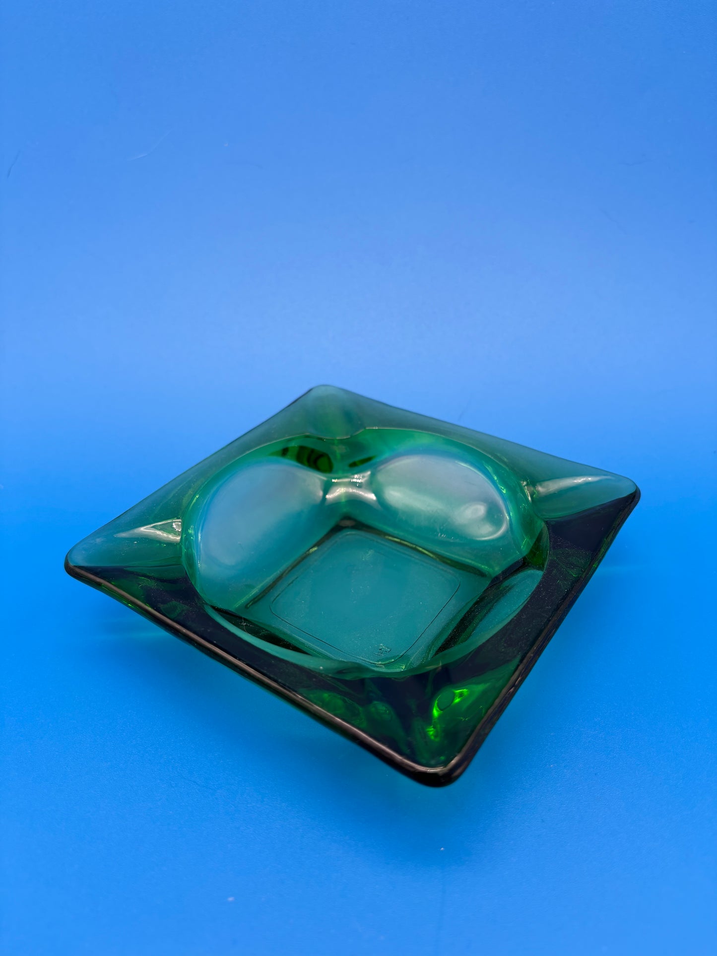 Vintage MCM Emerald Green Square Glass 4 Slot Ashtray