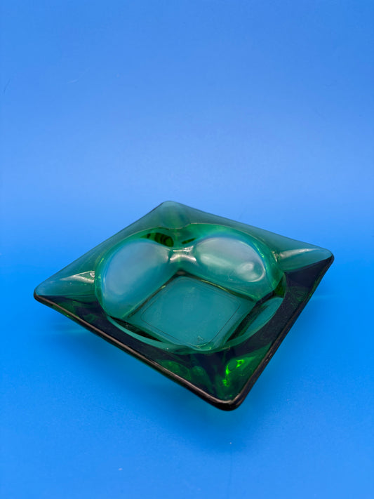 Vintage MCM Emerald Green Square Glass 4 Slot Ashtray
