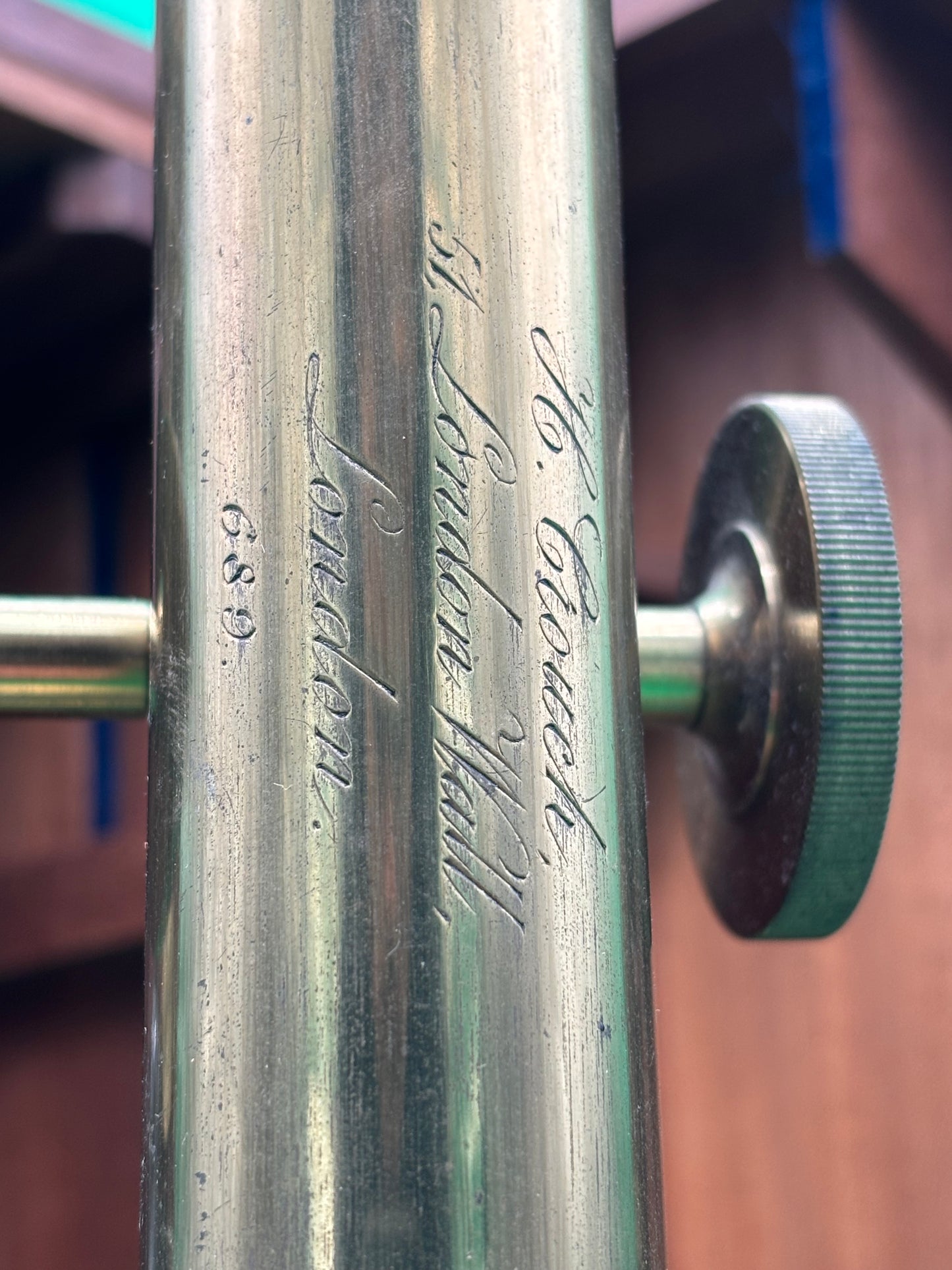 c.1871 H. Crouch London Antique Brass Microscope #689 Case Accessories