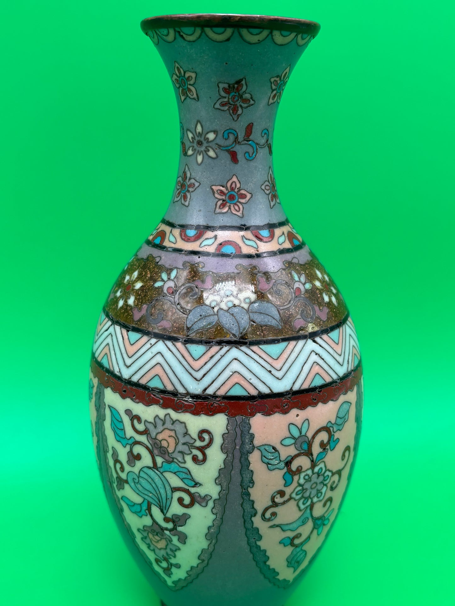 Antique Meiji Japanese Goldstone Cloisonne Enamel Pastel Floral Vase 7 1/4”