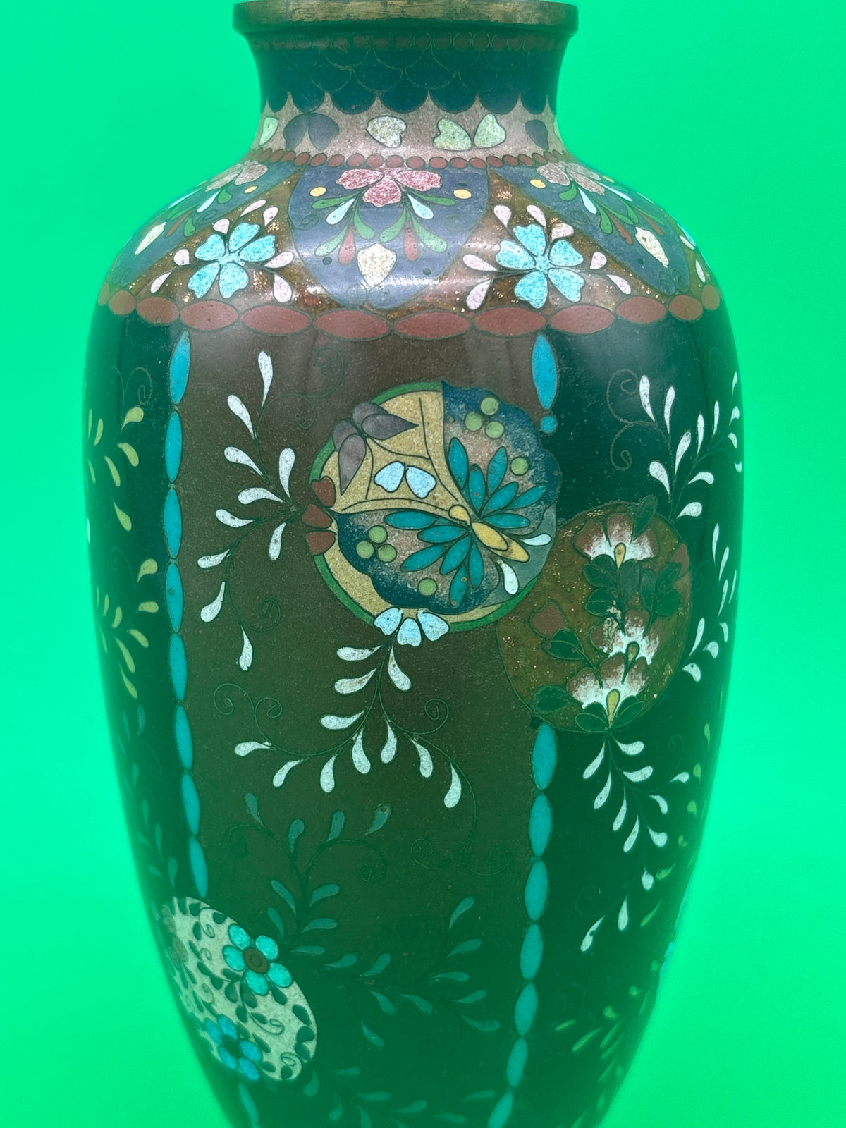 Antique Japanese Cloisonne Vase Meiji Floral Enamel Brown Ground 8” Unmarked