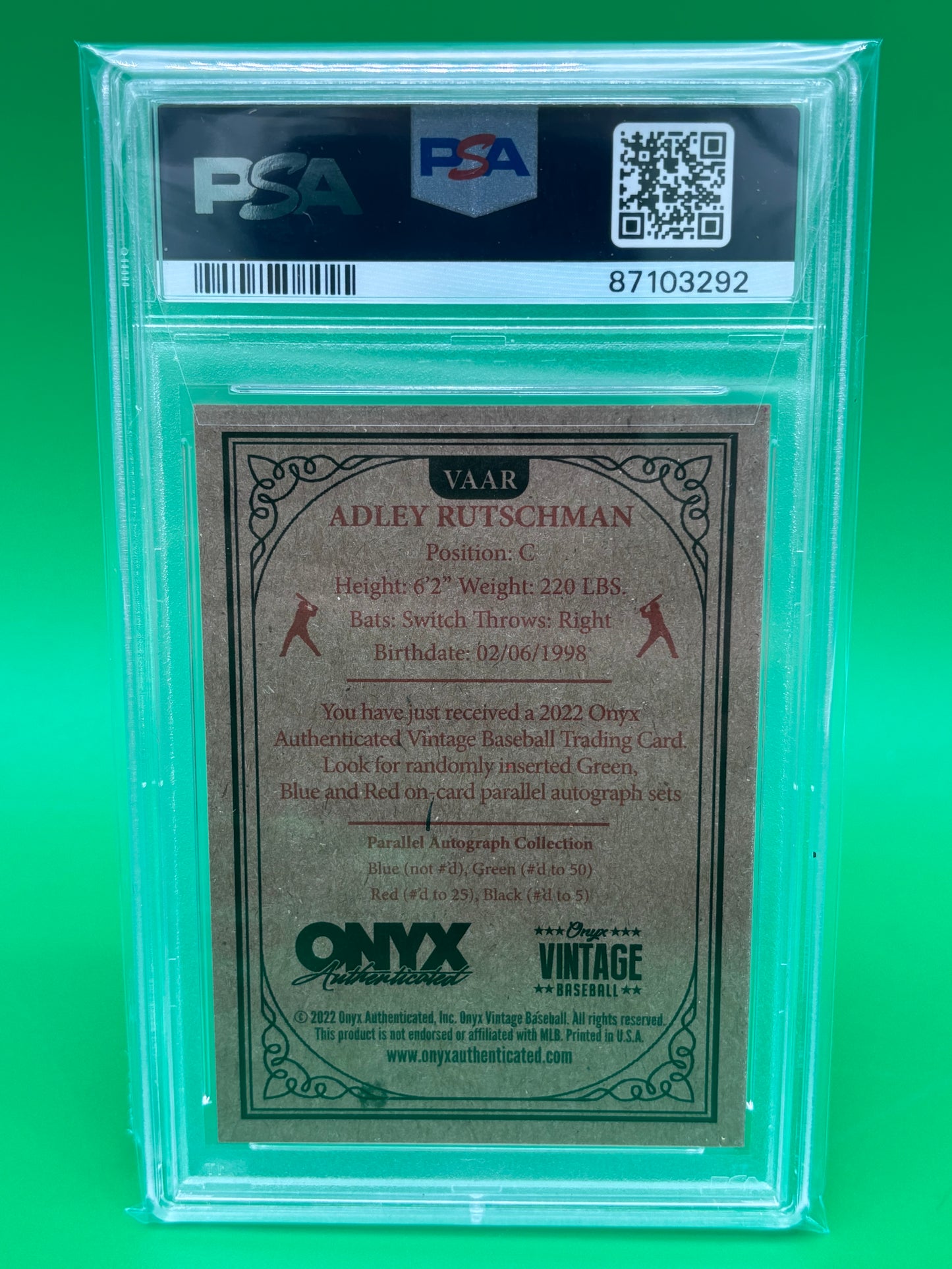 Adley Rutschman 2022 Onyx Vintage Red Ink Auto /25 PSA 9 PSA/DNA Orioles VAAR