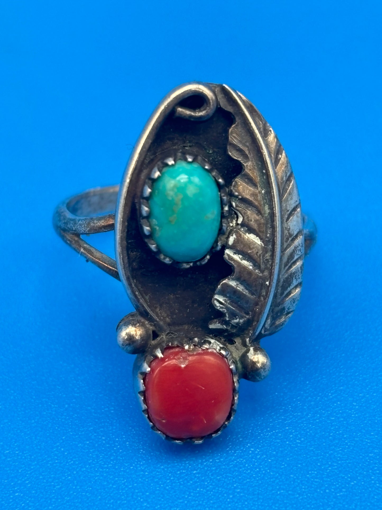 VTG Henry Mariano HM Navajo Sterling Silver Turquoise Coral Ring Size 8