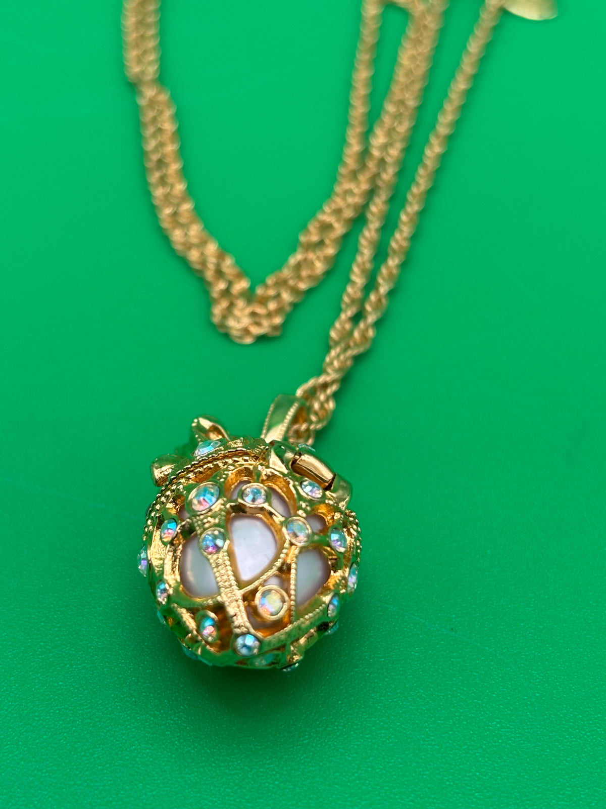 Vintage Joan Rivers Fabergé Egg Locket Necklace Gold Tone AB Rhinestones Signed