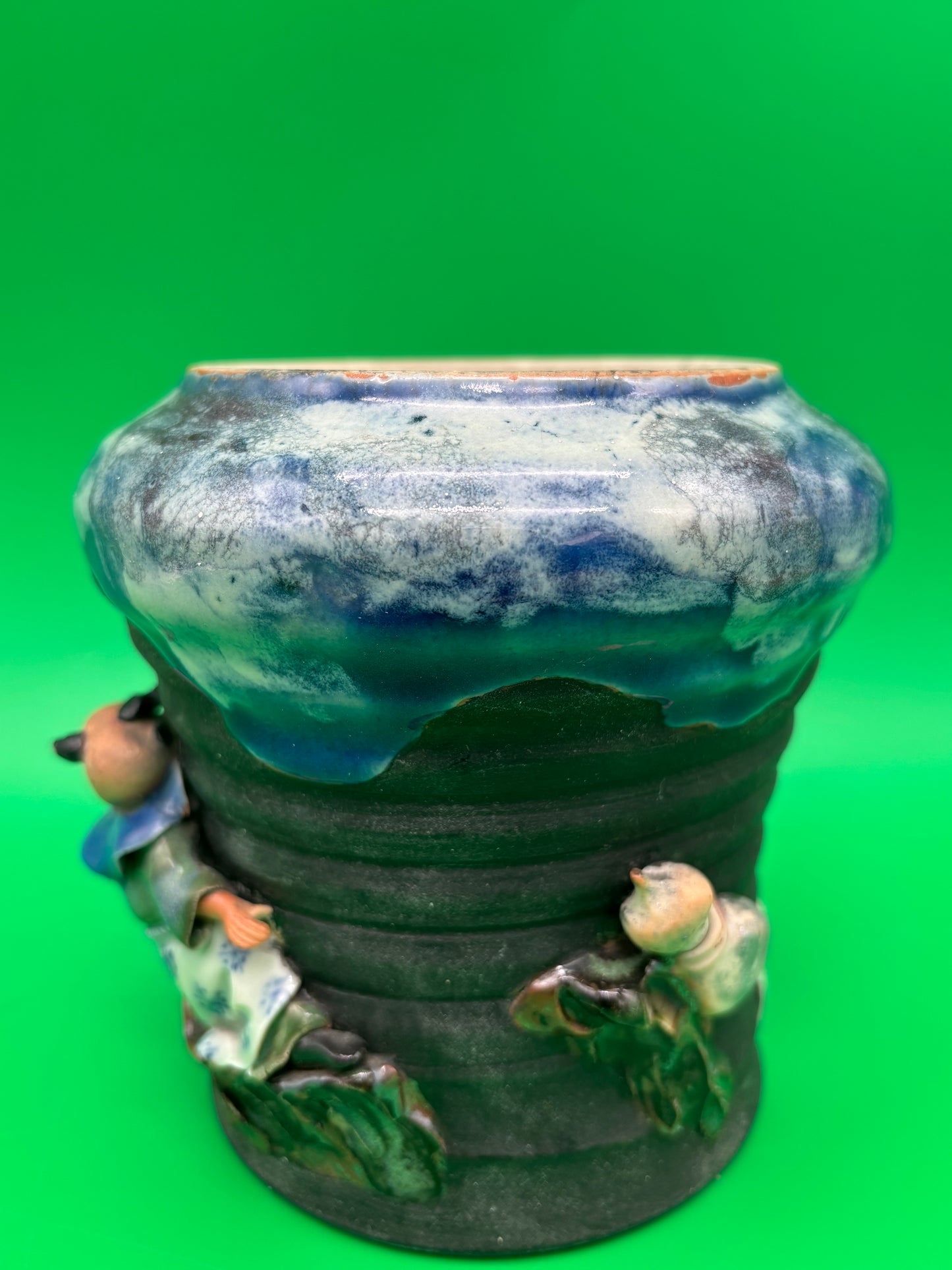 Antique Japanese Sumida Gawa Vase Signed Ban-ni Blue Drip Glaze Figural 5.25”