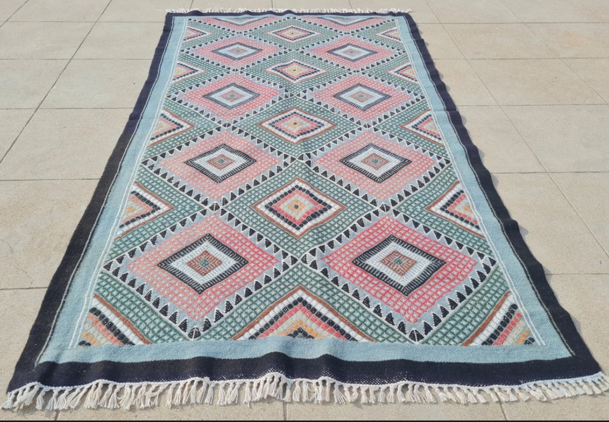 Rare Hand Knotted Vintage Morocco Sumouk Kilim Kilm Wool Area Rug 5 x 3 Ft