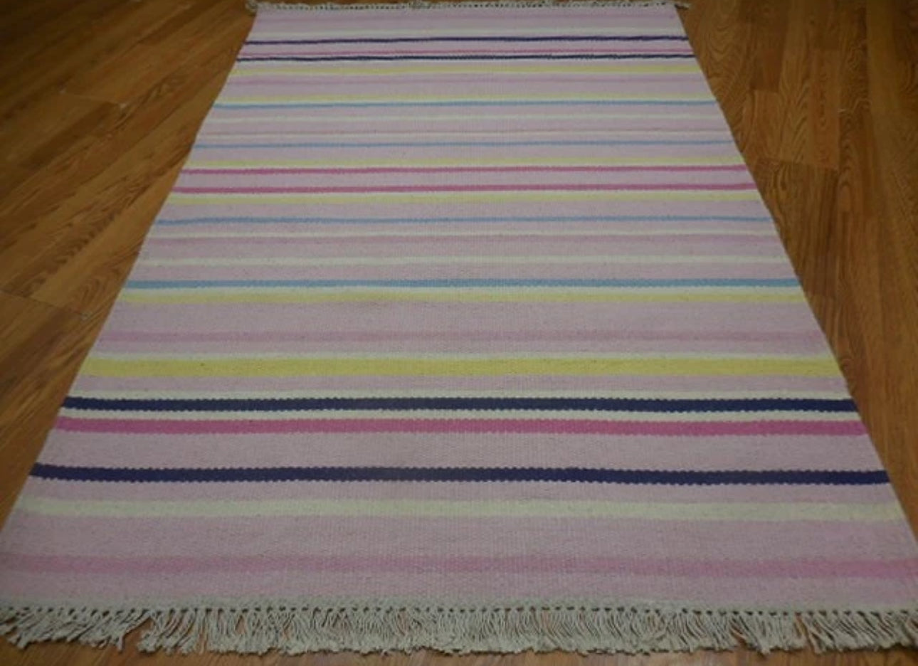Vintage Handwoven Pastel Striped Flat Weave Rug Fringe Cottage Farmhouse Boho 6ft x 4ft