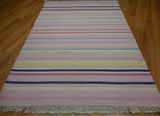 Vintage Handwoven Pastel Striped Flat Weave Rug Fringe Cottage Farmhouse Boho 6ft x 4ft