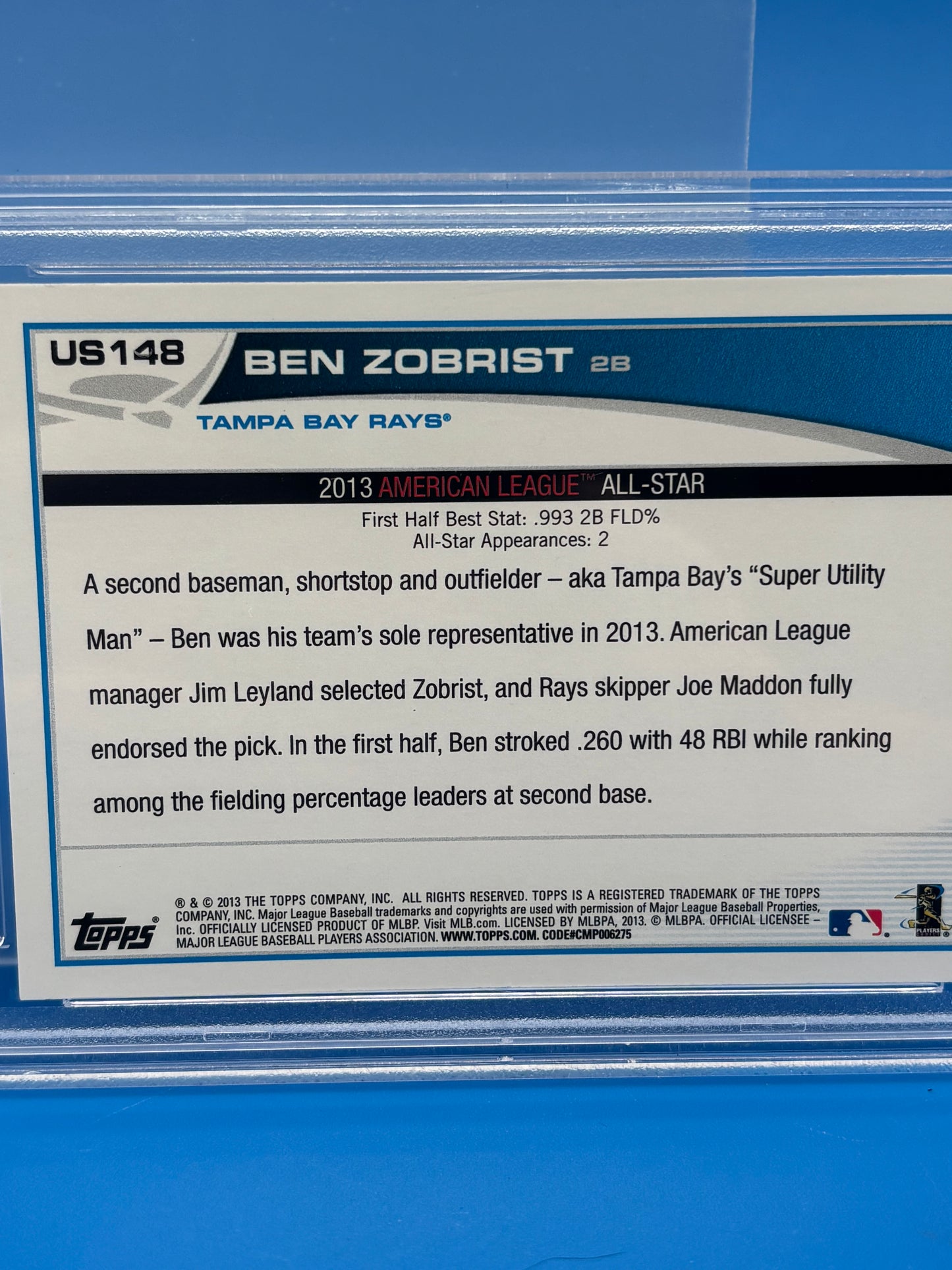 2013 Topps Update Ben Zobrist Signed Auto PSA/DNA Auto 10 Tampa Bay Rays US148