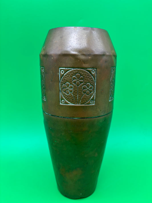 Antique German Jugendstil Hammered Copper Vase Floral Panels 8.25” Germany