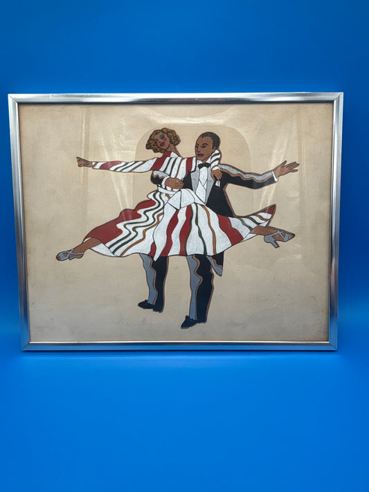 Vintage Mid Century Dancing Couple Art Reverse Painted Glass Art Deco Chrome Frame
