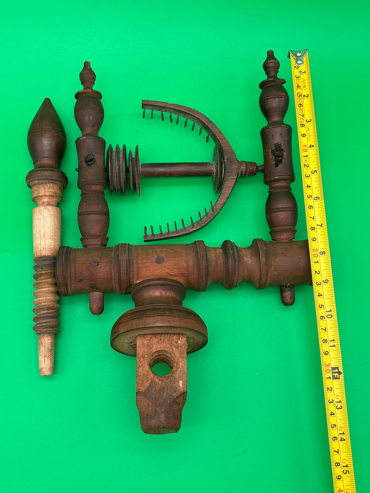 Antique Wooden Spinning Wheel Parts Flyer Bobbin Whorl Maidens Textile Tool Lot