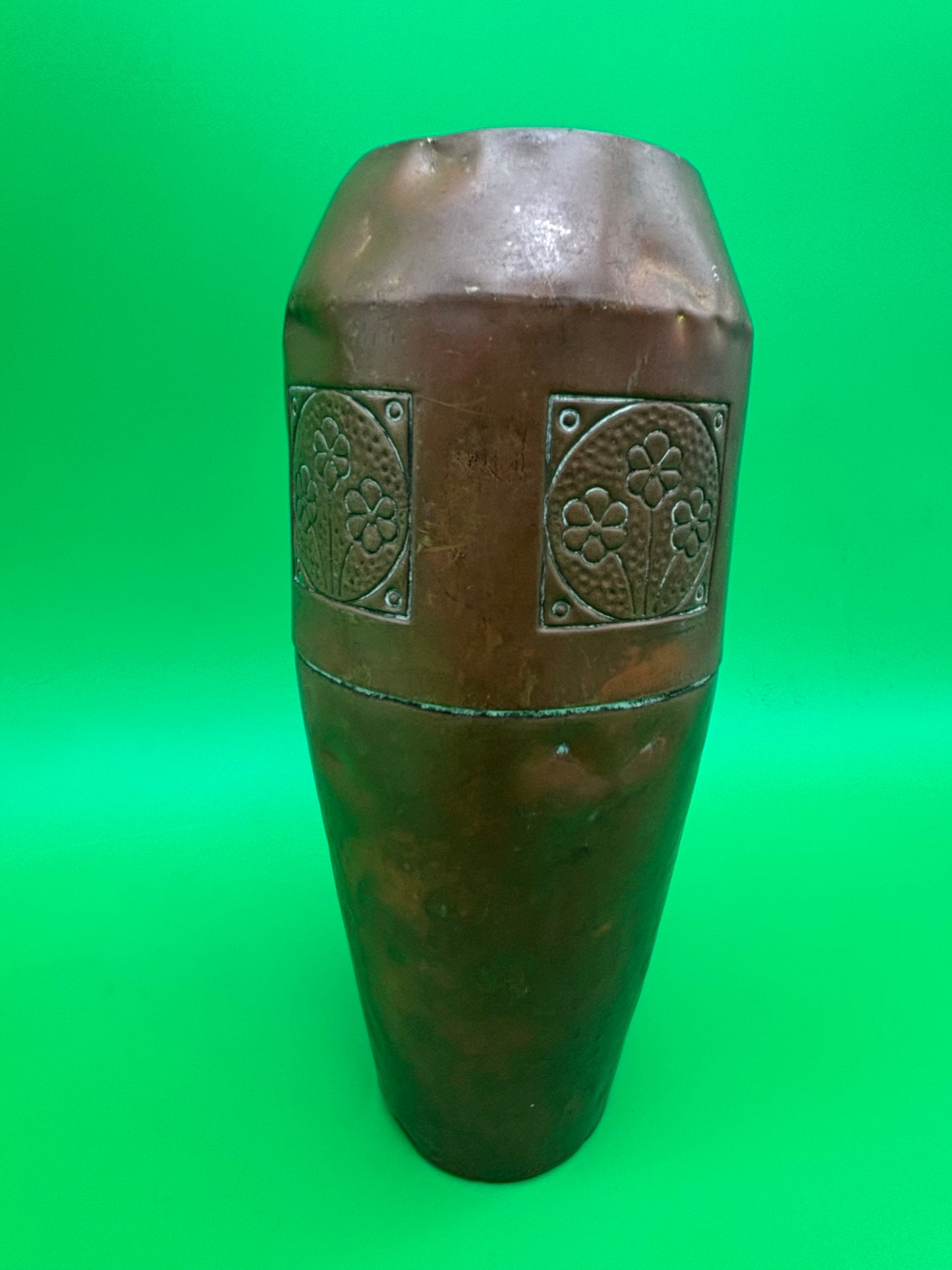 Antique German Jugendstil Hammered Copper Vase Floral Panels 8.25” Germany
