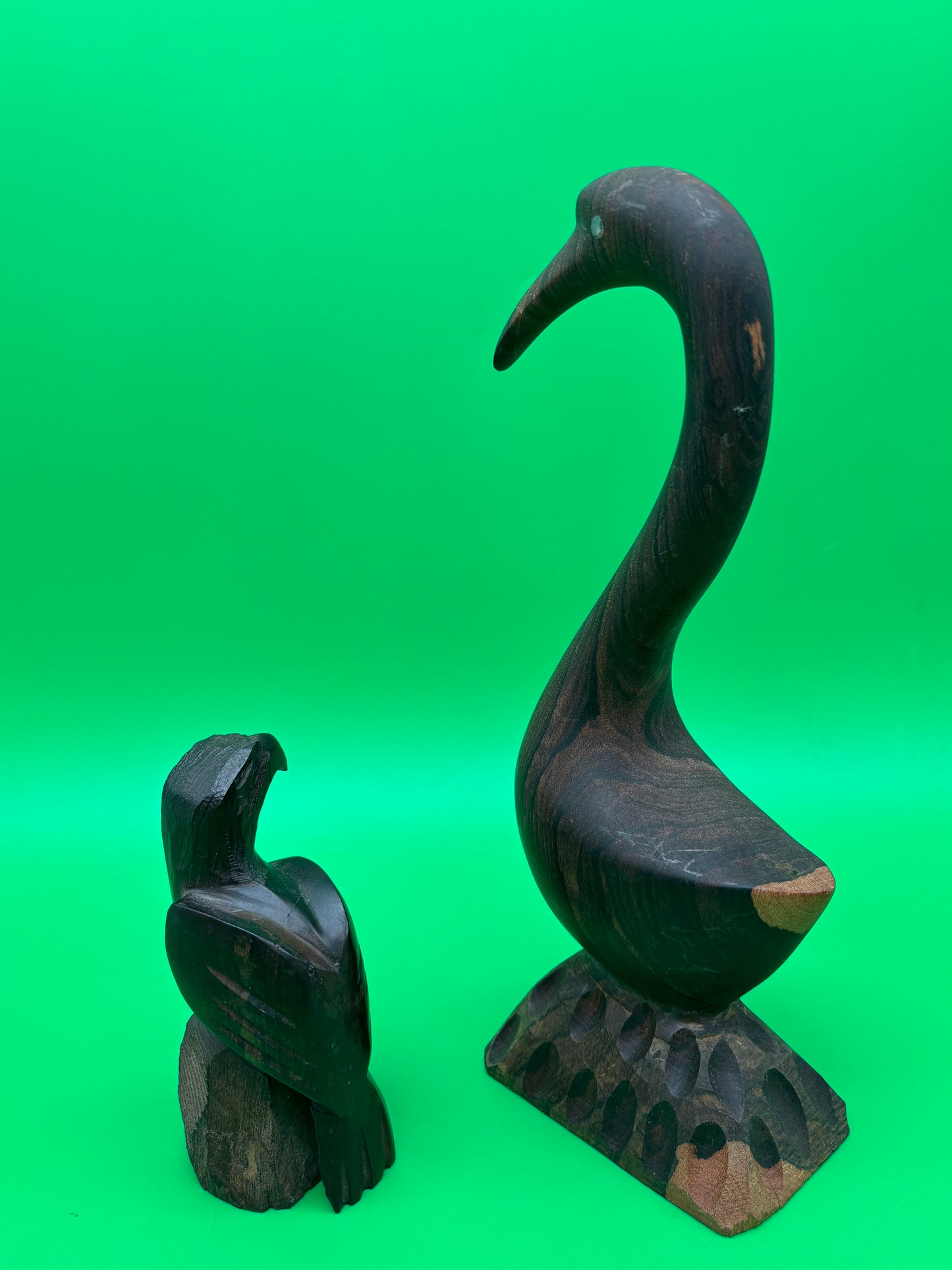 Vintage Carved Ironwood Bird Sculptures Lot of 2 Heron Eagle Folk Art MCM