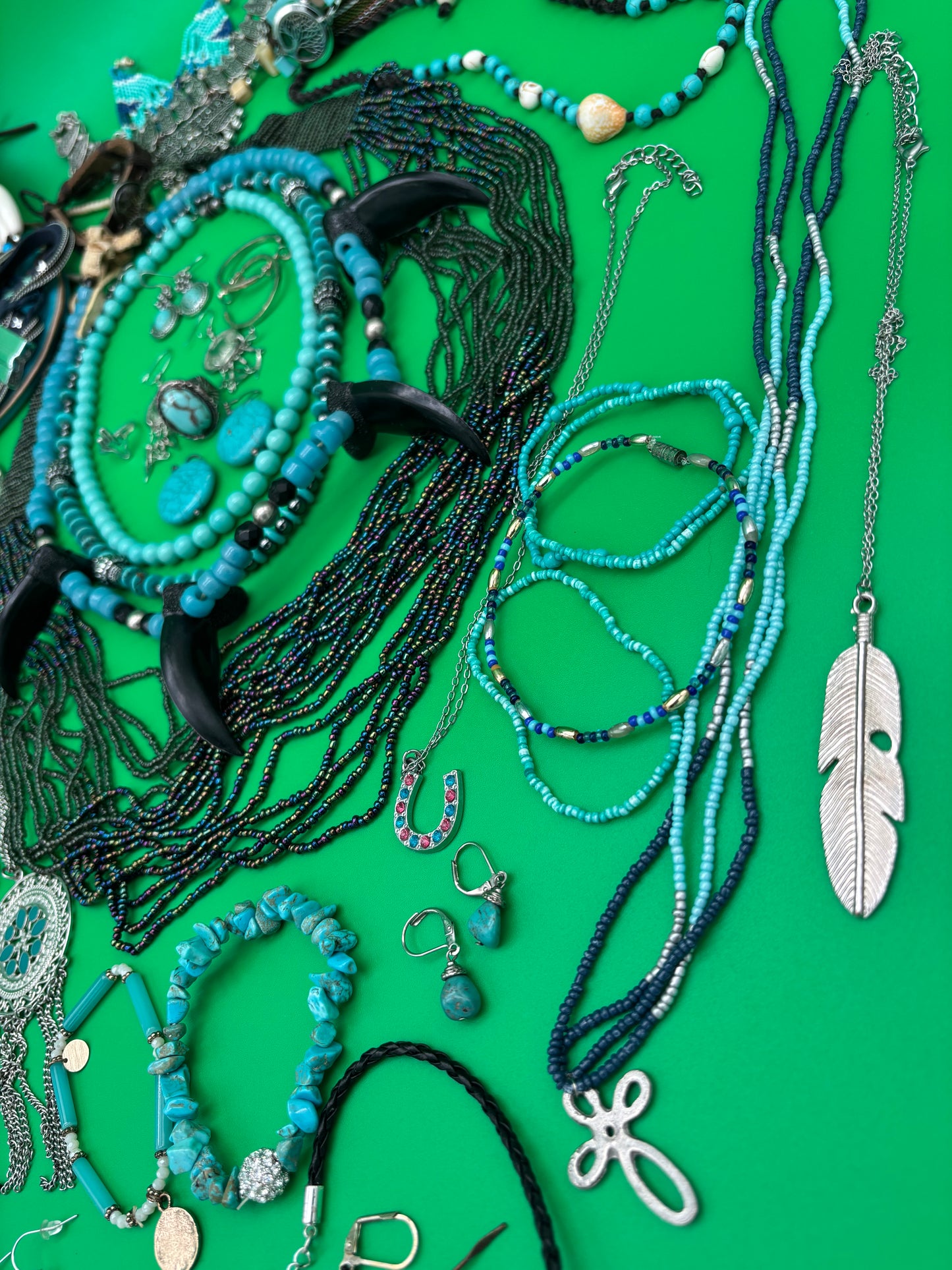 Large Boho Southwestern Jewelry Lot Turquoise Tribal Silver Tone Statement Necklaces Bracelets