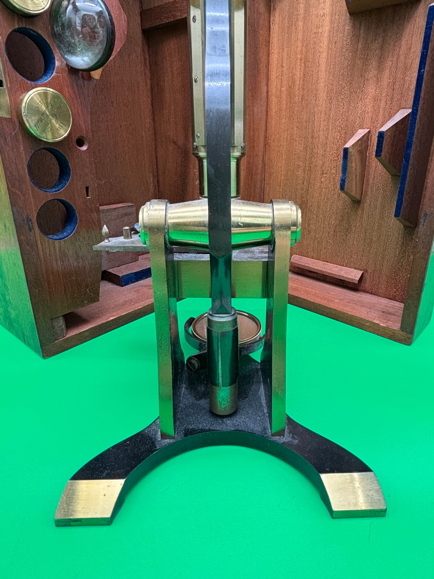 c.1871 H. Crouch London Antique Brass Microscope #689 Case Accessories