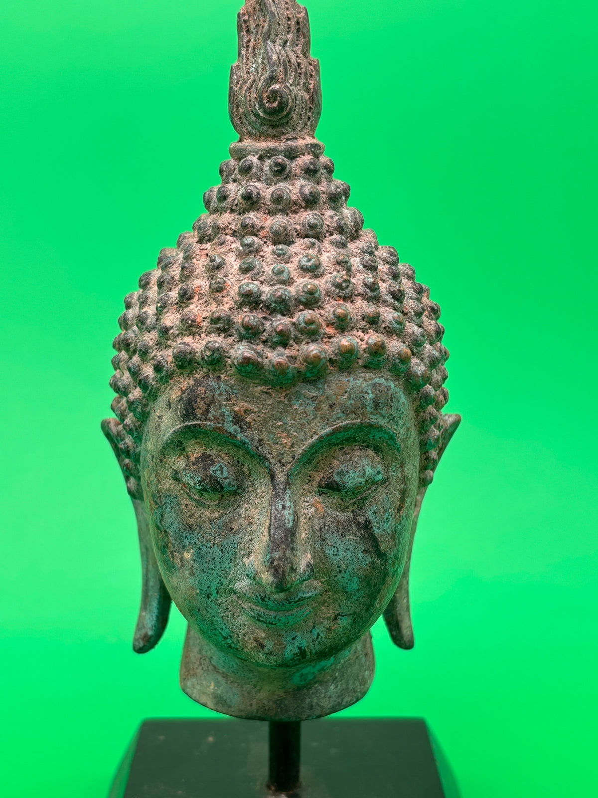 Vintage Thai Bronze Buddha Head Sculpture Flame Ushnisha Patina Wood Stand
