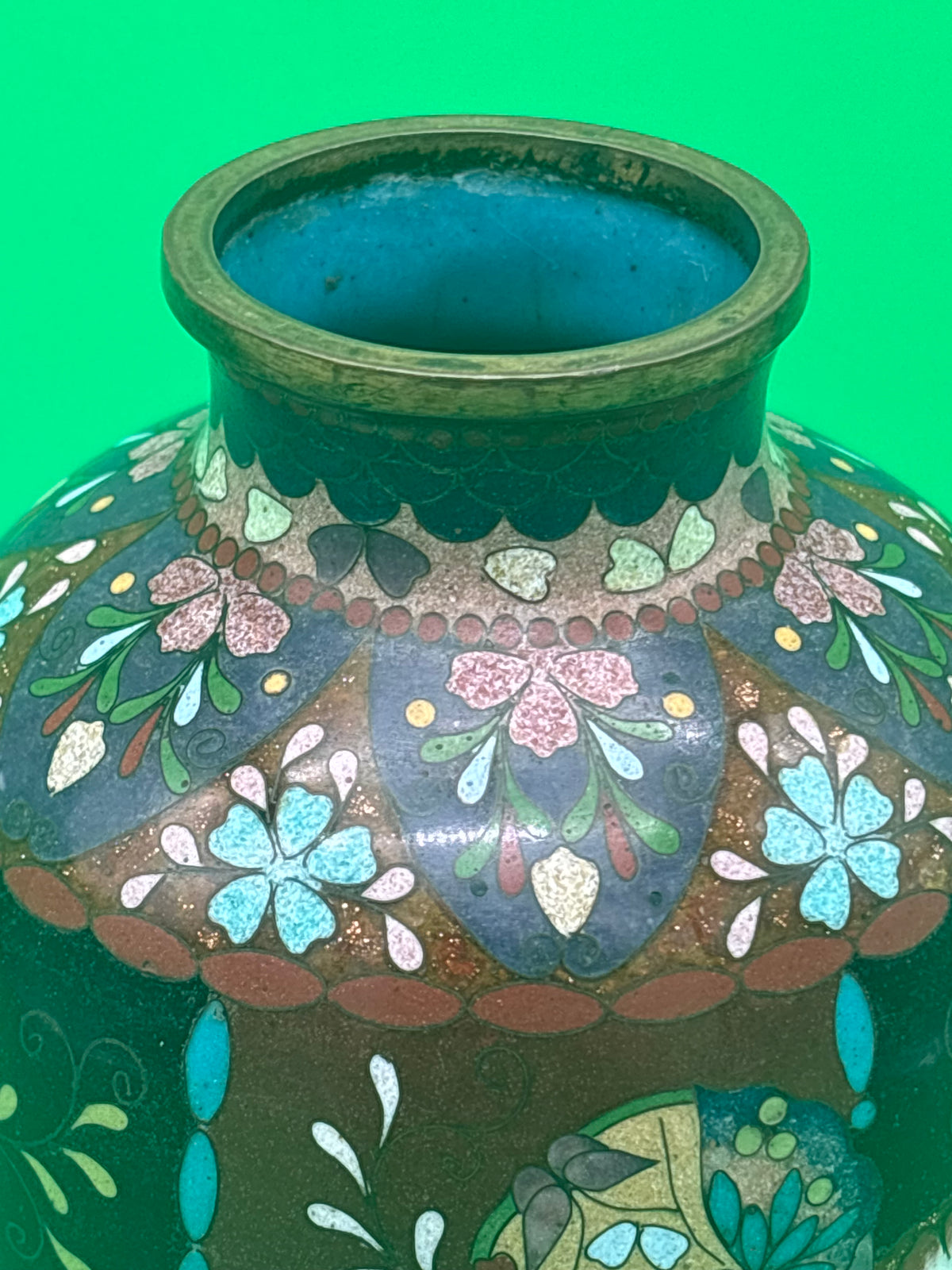 Antique Japanese Cloisonne Vase Meiji Floral Enamel Brown Ground 8” Unmarked