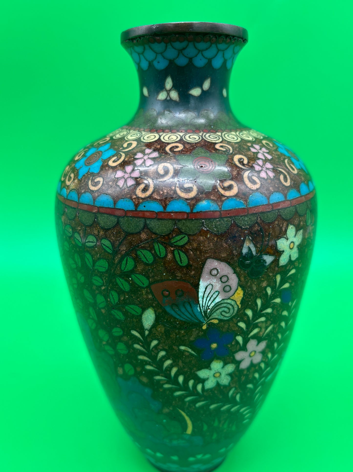 Antique Meiji Japanese Goldstone Cloisonne Butterfly Floral Vase 7 1/4”