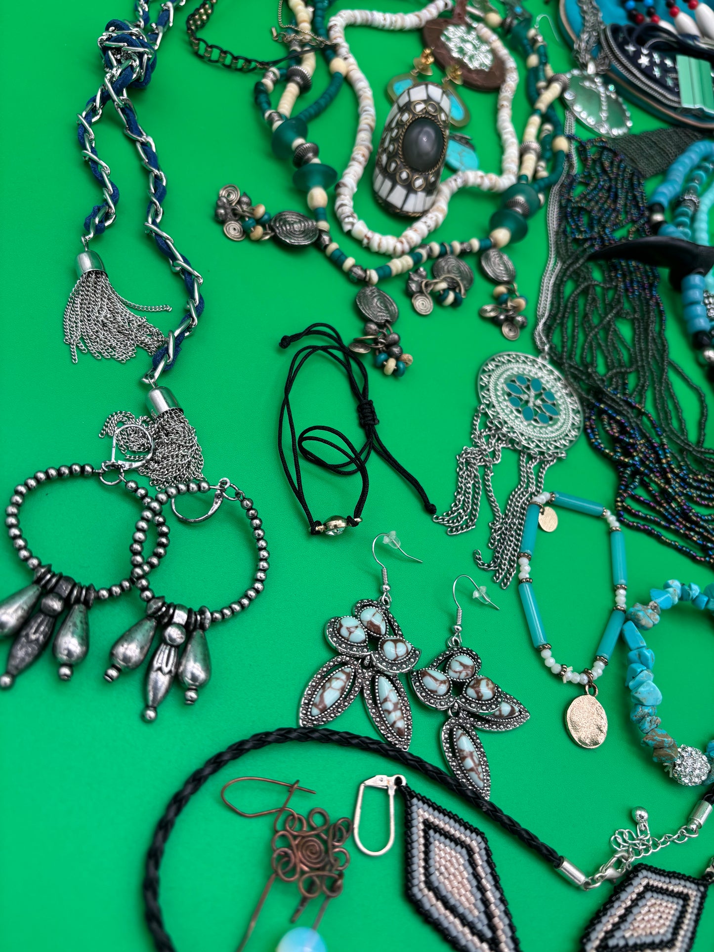 Large Boho Southwestern Jewelry Lot Turquoise Tribal Silver Tone Statement Necklaces Bracelets