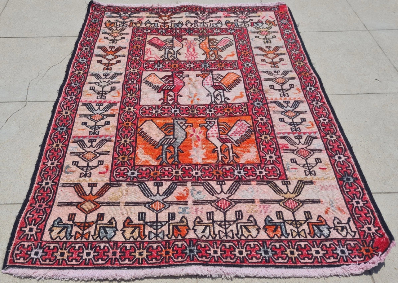 Rare Hand Knotted Vintage Soumak Kilim Silk Area Rug 3.0 x 2.4 Ft